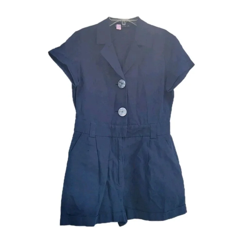 Zara Navy linen blend Blue romper playsuit Wmns sz M Pockets resort Industrial